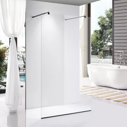 Stuxi Milano Light Black falsíkra szerelhető Walk-in zuhanyfal, 140x200 cm, 8 mm vastag vízlepergető biztonsági üveggel, két távtartóval
