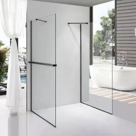   Stuxi Milano Gate Black Plus 1 falsíkra szerelhető, két oldalfalas walk-in zuhanyfal, 70x70 cm, 8 mm vastag vízlepergető biztonsági üveggel, helytakarékos sarokmerevítőkkel