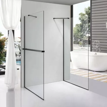 Stuxi Milano Gate Black Plus 1 falsíkra szerelhető, két oldalfalas walk-in zuhanyfal, 70x70 cm, 8 mm vastag vízlepergető biztonsági üveggel, helytakarékos sarokmerevítőkkel