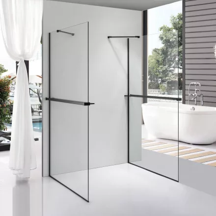 Stuxi Milano Gate Black Plus 2 falsíkra szerelhető, két oldalfalas walk-in zuhanyfal, 70x70 cm, 8 mm vastag vízlepergető biztonsági üveggel, helytakarékos sarokmerevítőkkel