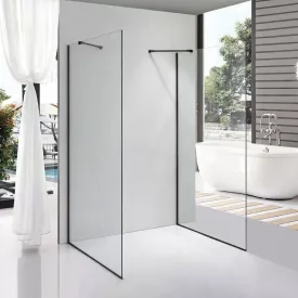   Stuxi Milano Gate Black falsíkra szerelhető, két oldalfalas walk-in zuhanyfal, 70x70 cm, 8 mm vastag vízlepergető biztonsági üveggel, helytakarékos sarokmerevítőkkel