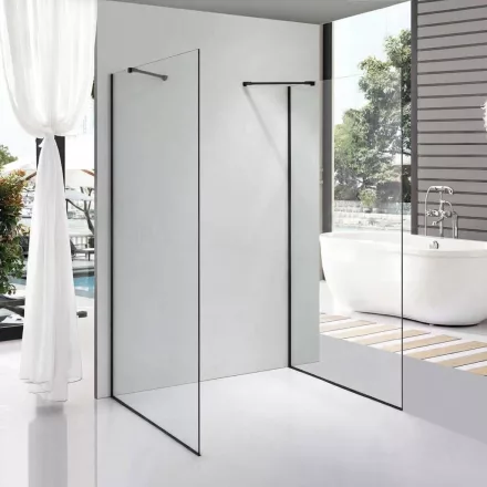 Stuxi Milano Gate Black falsíkra szerelhető, két oldalfalas walk-in zuhanyfal, 70x70 cm, 8 mm vastag vízlepergető biztonsági üveggel, helytakarékos sarokmerevítőkkel