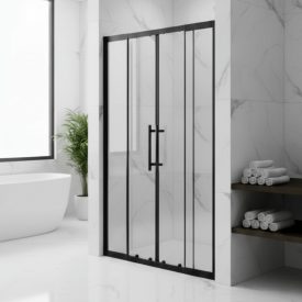   Stuxi Sydney Black 120 cm széles két tolóajtós zuhanyajtó 6 mm vastag vízlepergető biztonsági üveggel, fekete elemekkel, 200 cm magas