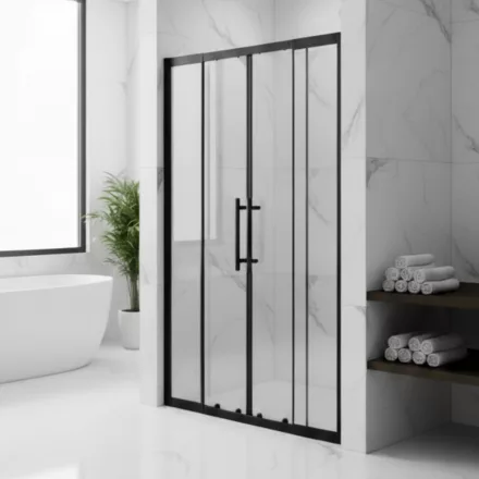 Stuxi Sydney Black 150 cm széles két tolóajtós zuhanyajtó 6 mm vastag vízlepergető biztonsági üveggel, fekete elemekkel, 200 cm magas