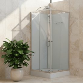   Stuxi Genova 90x90 cm szögletes két tolóajtós fehér hátfalas zuhanykabin 5 mm üveggel zuhanytálcával és csapteleppel