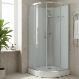   Stuxi Genova 90x90 cm íves két tolóajtós fehér hátfalas zuhanykabin 5 mm üveggel zuhanytálcával és csapteleppel