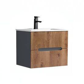   Trent 60 alsó fürdőszobabútor kerámia mosdóval (2 fiókos) antracit szürke-sunset tölgy