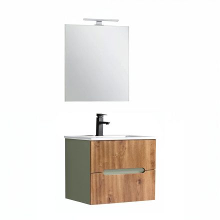 Trent Fürdőszobabútor 60 cm kerámia mosdóval (2 fiókos) tükörrel 60x80 cm zöld-sunset tölgy