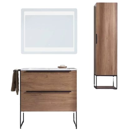 Sanermo 80 cm komplett fürdőszoba bútor szett, Platina tölgy szín, soft close fiók, kerámia mosdóval
