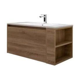   Rimini 100 cm fali fürdőszobai mosdószekrény, Platina tölgy szín, soft close fiók, 2 polc, kerámia mosdókagylóval