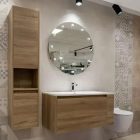 Rimini 100 cm fali fürdőszobai mosdószekrény, Platina tölgy szín, soft close fiók, 2 polc, kerámia mosdókagylóval