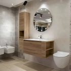 Rimini 100 cm fali fürdőszobai mosdószekrény, Platina tölgy szín, soft close fiók, 2 polc, kerámia mosdókagylóval