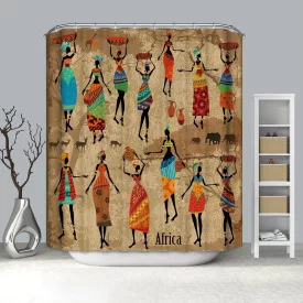   Textil zuhanyfüggöny 180x200 cm, afrikai csoport mintázattal, mosható és vasalható