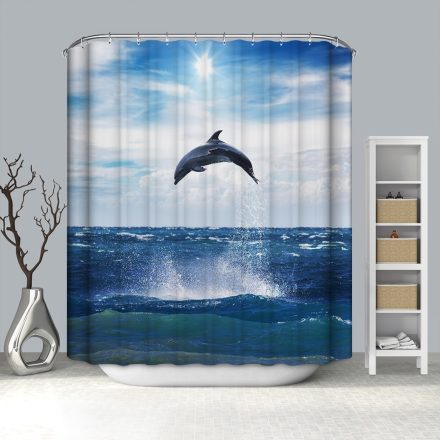 Textil zuhanyfüggöny 180x200 cm, ugró delfin mintázattal, mosható és vasalható