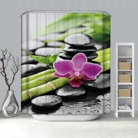   Textil zuhanyfüggöny 180x200 cm, bambusz-orchidea mintázattal, mosható és vasalható