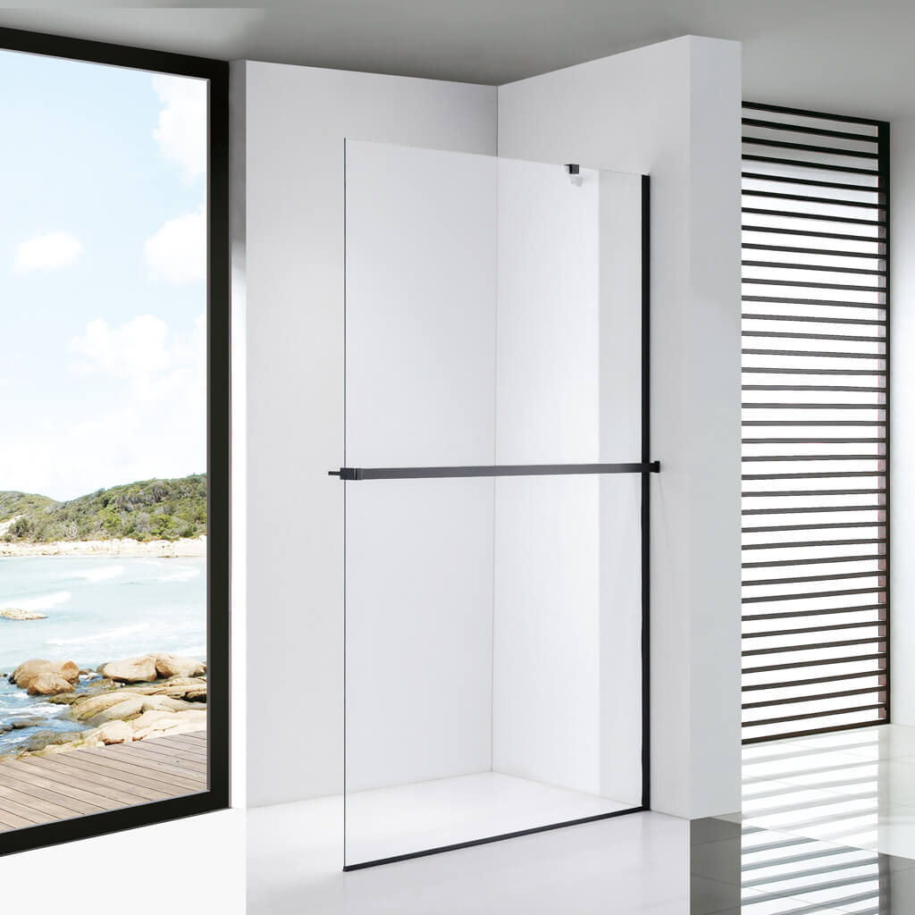 Stuxi Milano Easy Plus Walk-in zuhanyfal 140x200 cm matt fekete, helytakarékos sarokmerevítővel, polccal és törölközőtartóval
