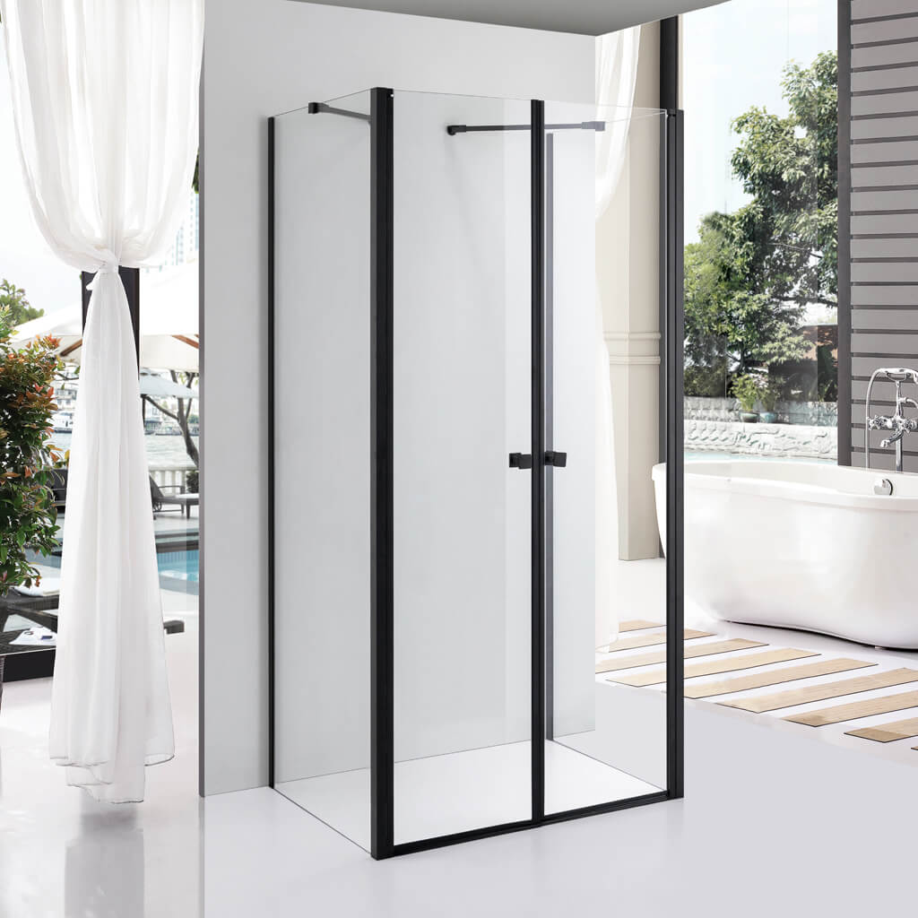 Stuxi Roma Black matt fekete 80x80 cm falsíkra szerelhető 3 oldalú kétszárnyú nyílóajtós zuhanykabin