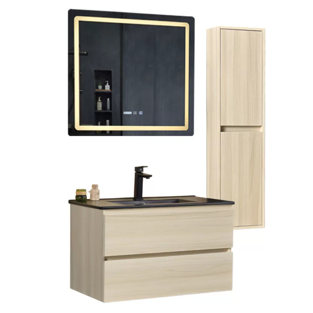 Hongkong Sonoma 80 komplett fürdőszoba bútor szett fali mosdószekrénnyel, fekete mosdóval, tükörrel és magas szekrénnyel