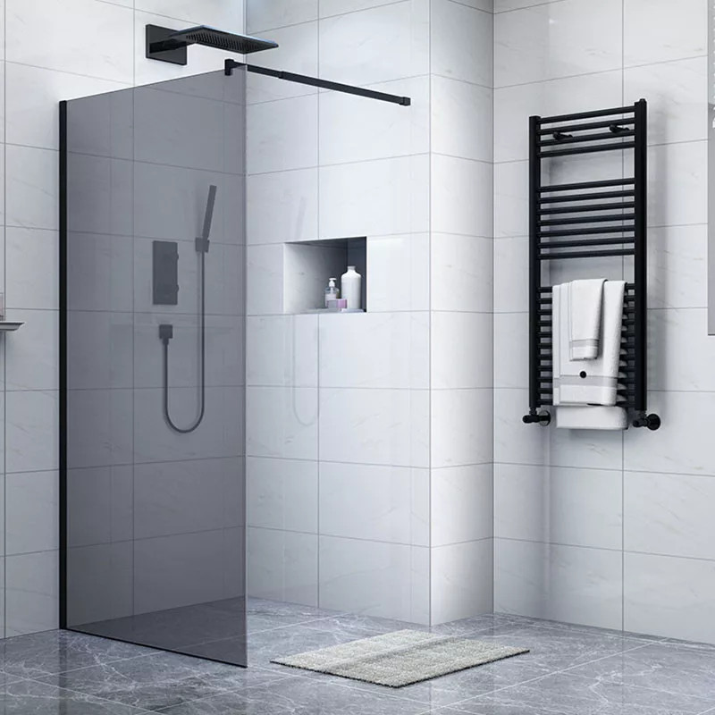Diplon Walk-in 90 cm széles zuhanyfal matt fekete kerettel, 8 mm vastag edzett szürke üveggel, 195 cm magas