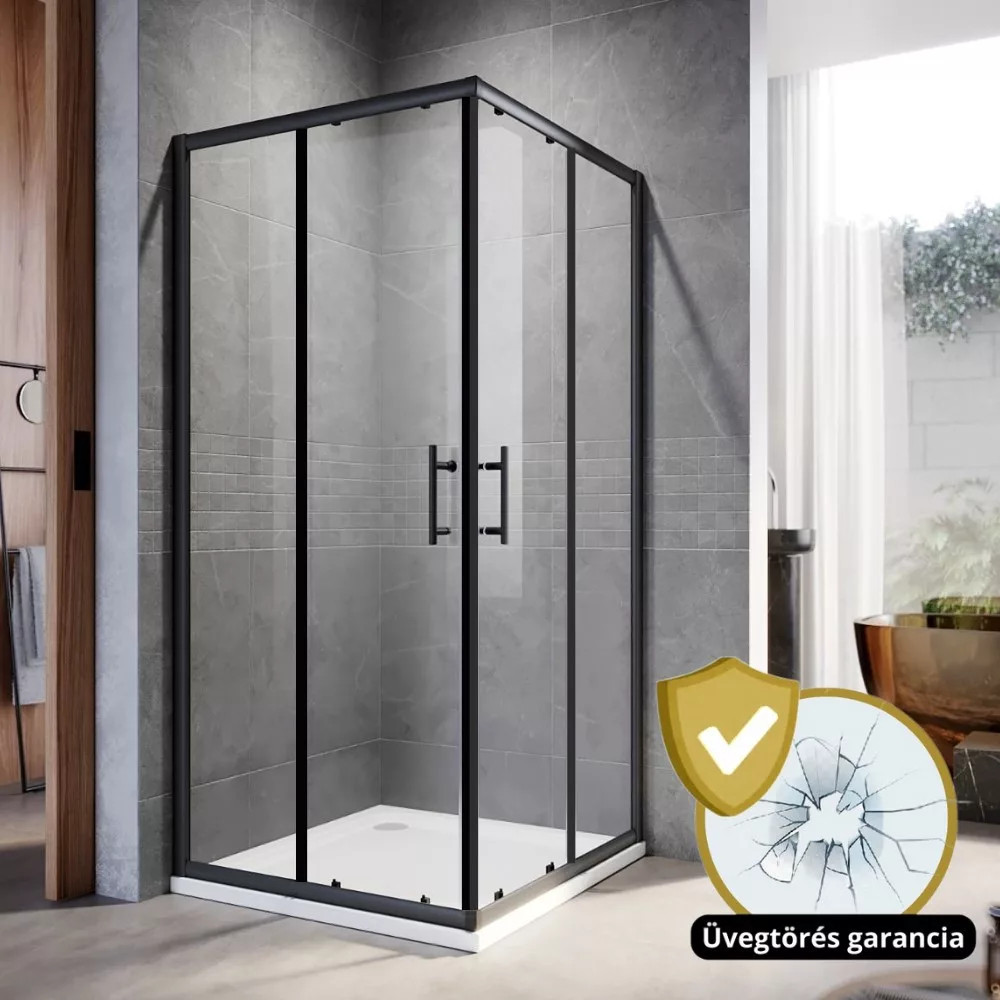 Elio Black 90x90 cm szögletes két tolóajtós zuhanykabin 6 mm vastag vízlepergető biztonsági üveggel, fekete elemekkel, 190 cm magas