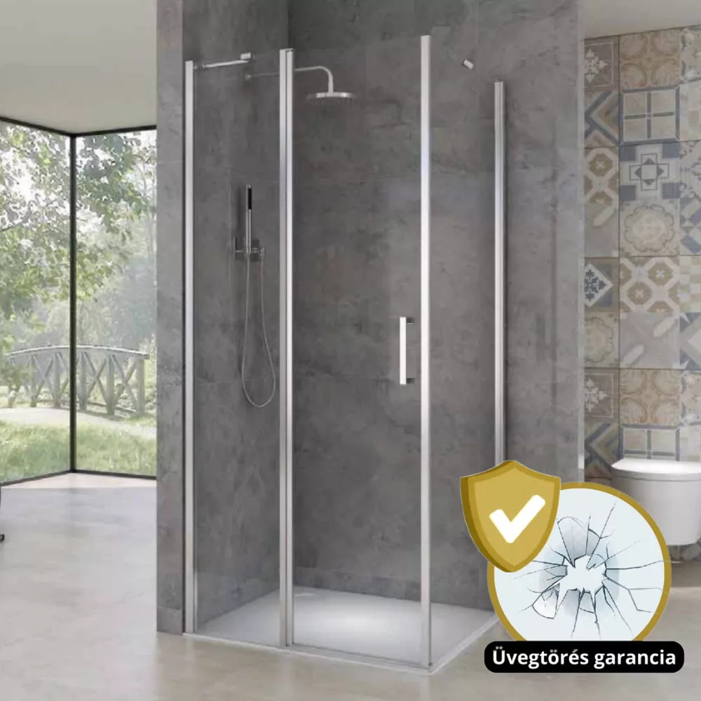 London 100x100 cm Szögletes fix+nyílóajtós zuhanykabin 6 mm vastag vízlepergető biztonsági üveggel, krómozott elemekkel