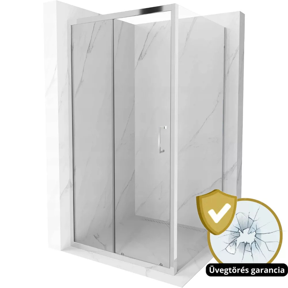Paris 130x80 aszimmetrikus szögletes tolóajtós zuhanykabin 6 mm vastag vízlepergető biztonsági üveggel, 195 cm magas, króm