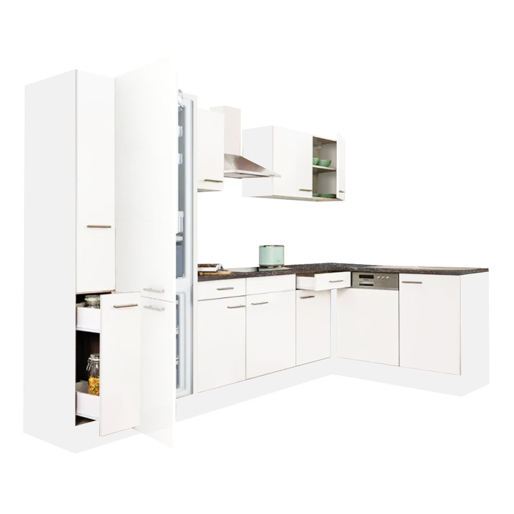 Yorki 310 sarok konyhablokk fehér korpusz,selyemfényű fehér fronttal alulagyasztós hűtős szekrénnyel