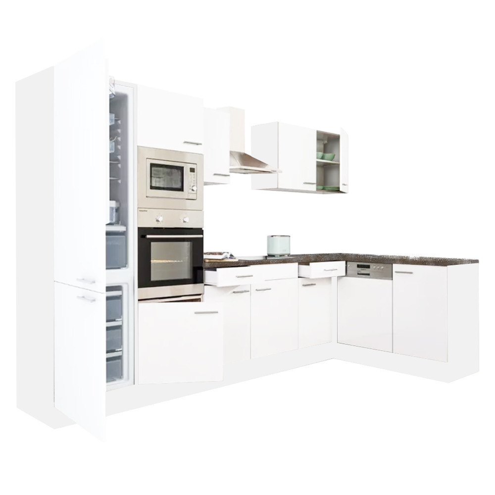 Yorki 340 sarok konyhablokk fehér korpusz,selyemfényű fehér fronttal alulagyasztós hűtős szekrénnyel