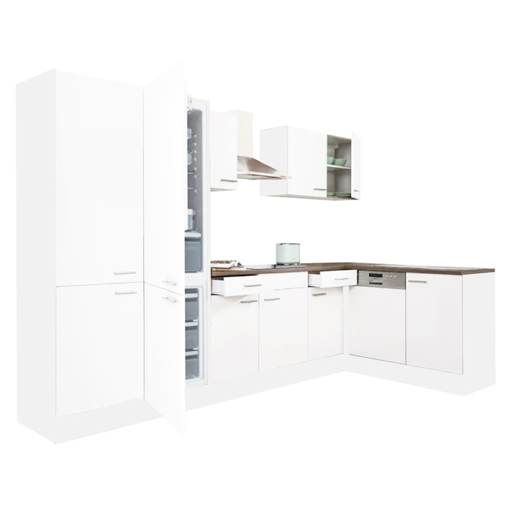 Yorki 340 sarok konyhablokk fehér korpusz,selyemfényű fehér fronttal polcos szekrénnyel és alulfagyasztós hűtős szekrénnyel