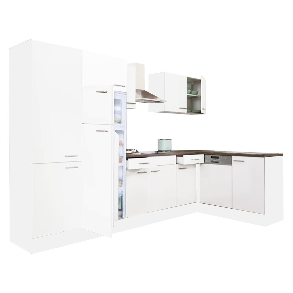 Yorki 340 sarok konyhablokk fehér korpusz,selyemfényű fehér fronttal polcos szekrénnyel és felülfagyasztós hűtős szekrénnyel