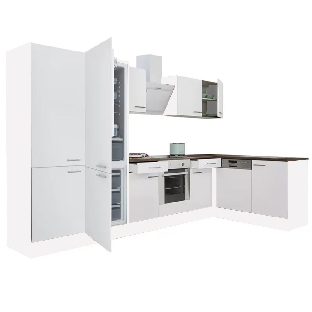 Yorki 340 sarok konyhablokk fehér korpusz,selyemfényű fehér front alsó sütős elemmel polcos szekrénnyel, alulfagyasztós hűtős szekrénnyel