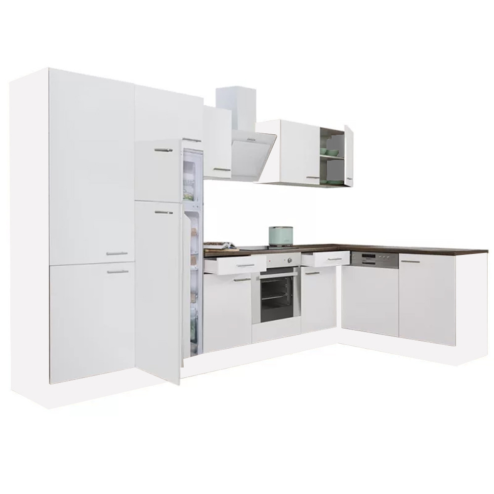 Yorki 340 sarok konyhablokk fehér korpusz,selyemfényű fehér front alsó sütős elemmel polcos szekrénnyel, felülfagyasztós hűtős szekrénnyel