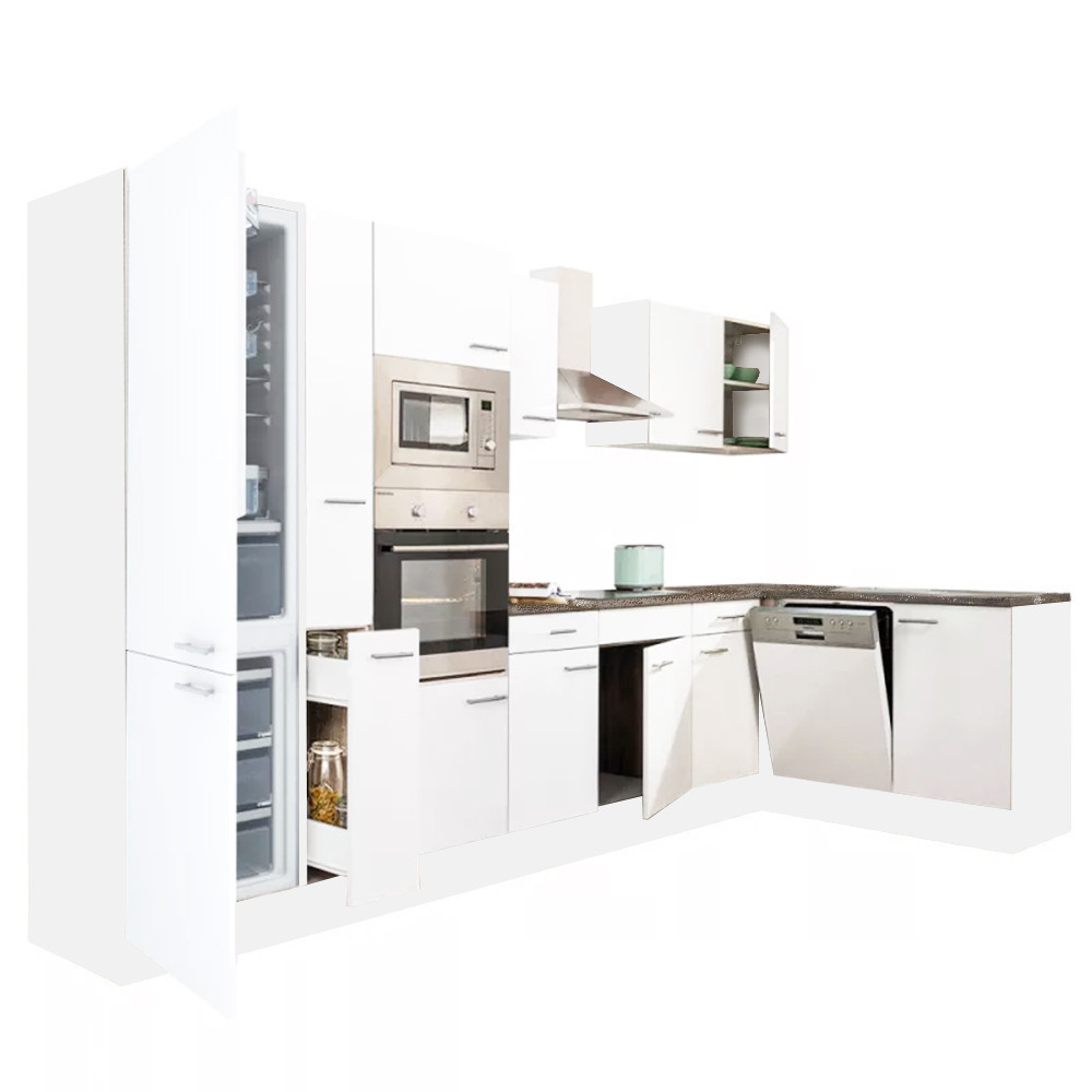 Yorki 370 sarok konyhablokk fehér korpusz,selyemfényű fehér fronttal alulagyasztós hűtős szekrénnyel