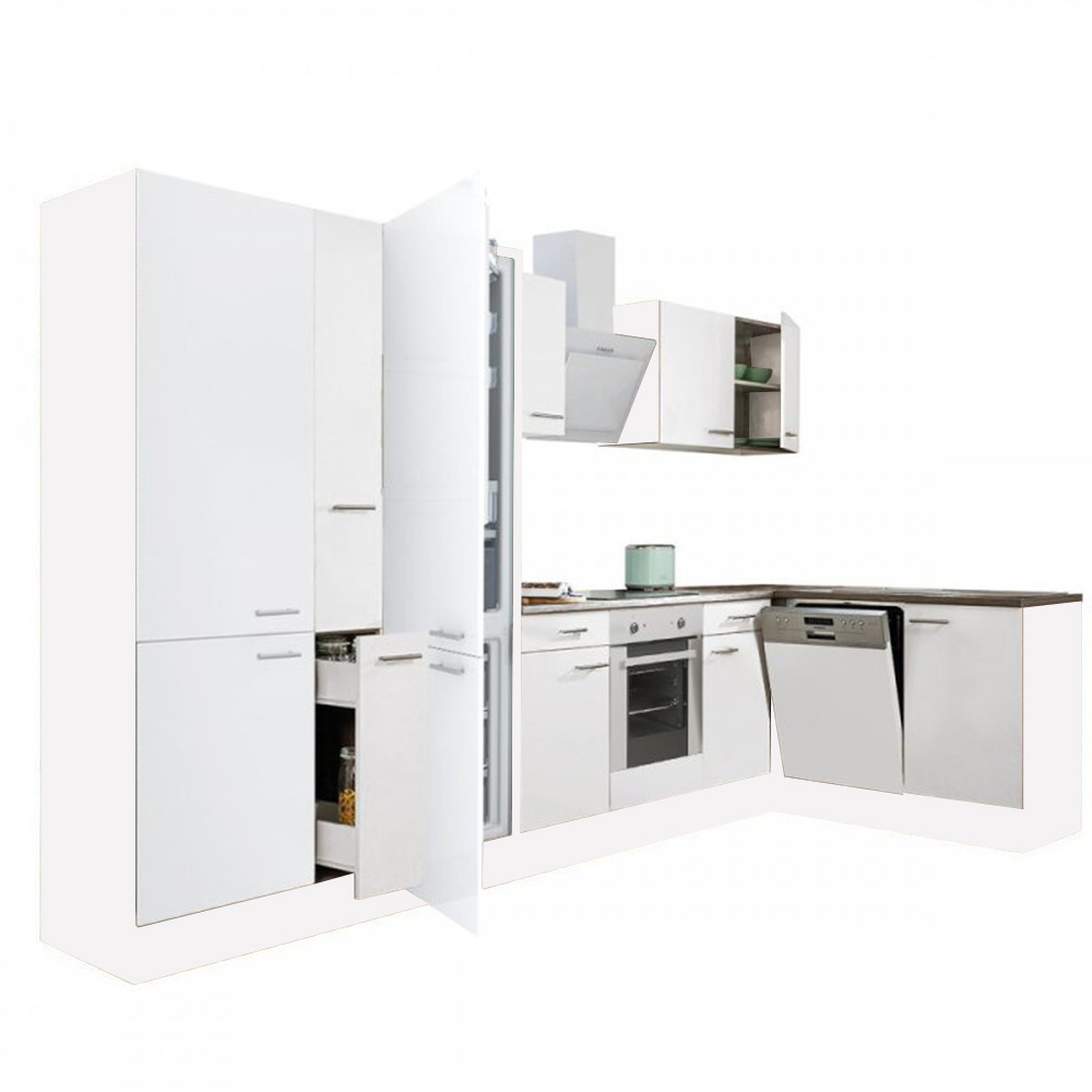 Yorki 370 sarok konyhablokk fehér korpusz,selyemfényű fehér front alsó sütős elemmel polcos szekrénnyel, alulfagyasztós hűtős szekrénnyel